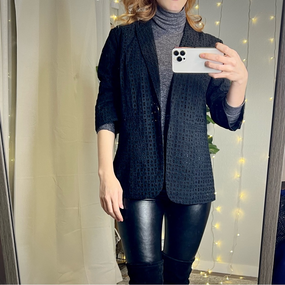 Classic Embroidered Cinched Waist Black Lace Blazer